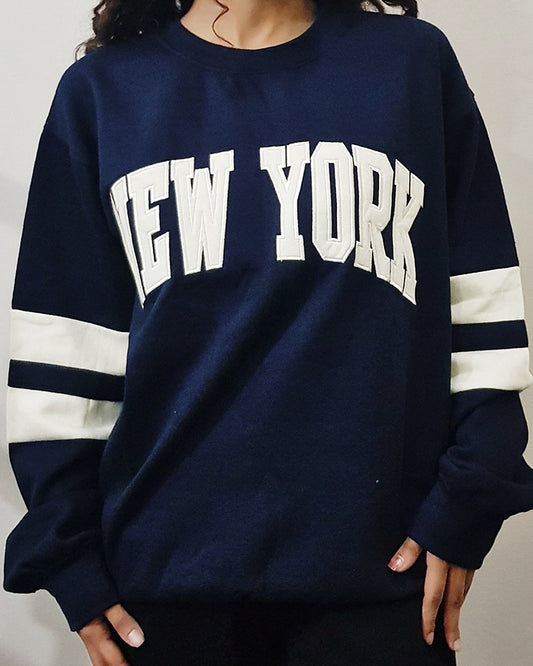 New York Oversized Sweatshirt with Contrast Sleeves -  Navy Blue