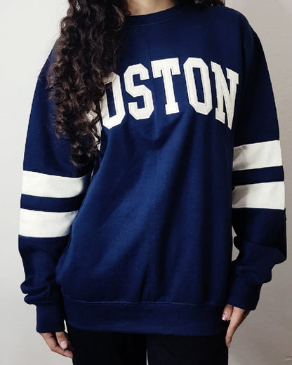 Boston Contrast Sleeve Embroidered Sweatshirt - Navy Blue