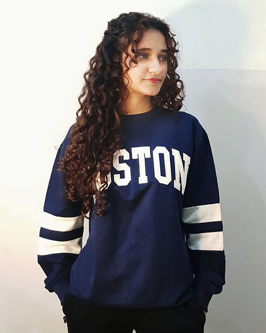 Boston Contrast Sleeve Embroidered Sweatshirt - Navy Blue