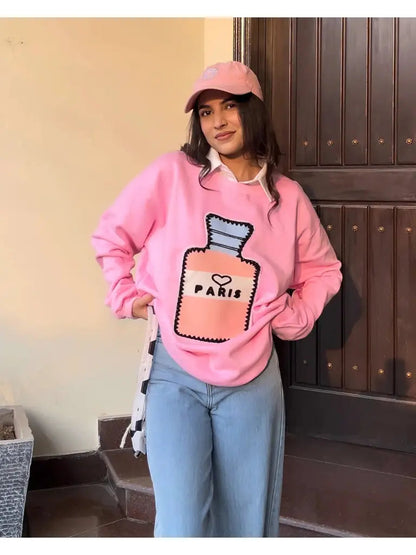 Paris Vacay Graphic Patched Oversized Sweatshirt - Pink