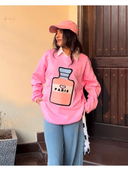 Paris Vacay Graphic Patched Oversized Sweatshirt - Pink